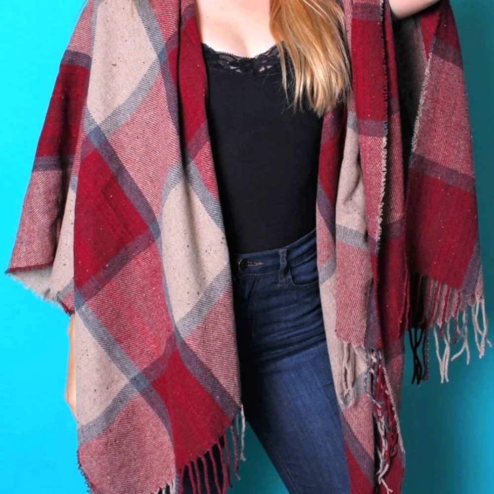 Outlander Style Poncho Wrap Maroon, Gray and Tan One size fits all